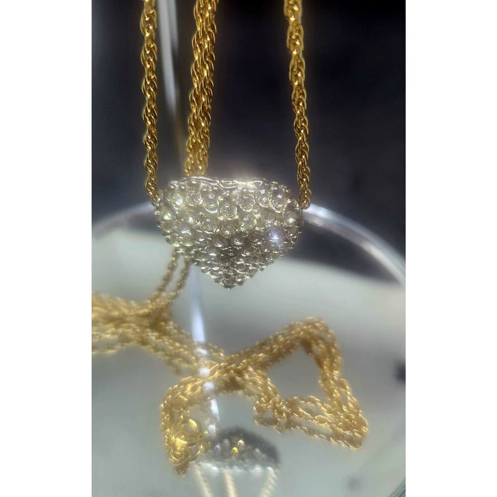 VTG Puffy Heart Rhinestone Slide Double side Pendant Goldtone Chain Necklace 38"